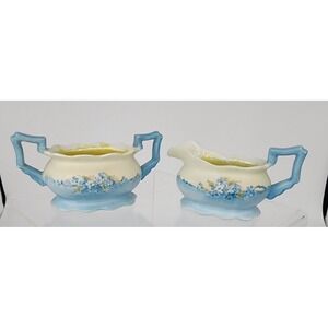 Creamer and Sugar Set Blue Forget Me Not Hand Painted Unmarked Floral EXC